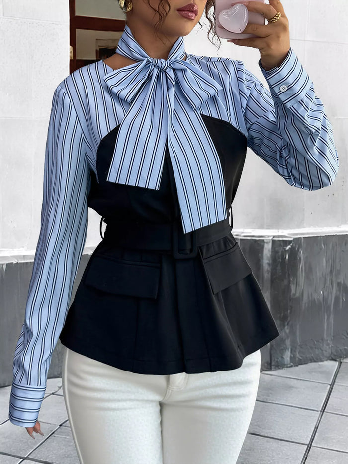 Striped Long Sleeve Blouse with Bow Tie - Lilixa.store