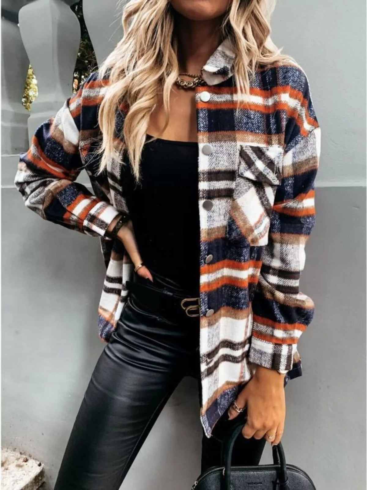 Plaid Button-Down Long Sleeve Shacket, view 8