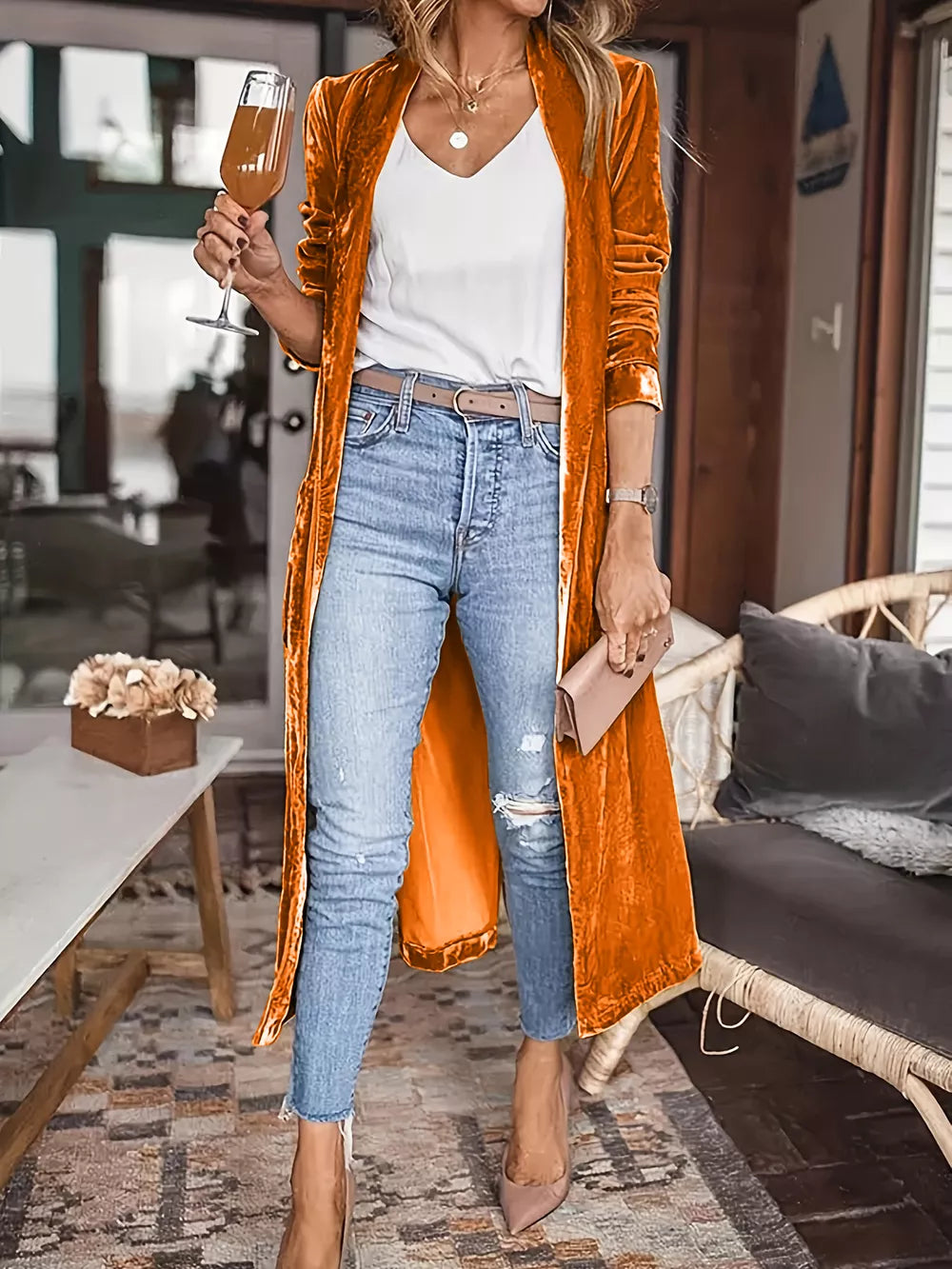 Open Front Long Sleeve Coat in Terracotta