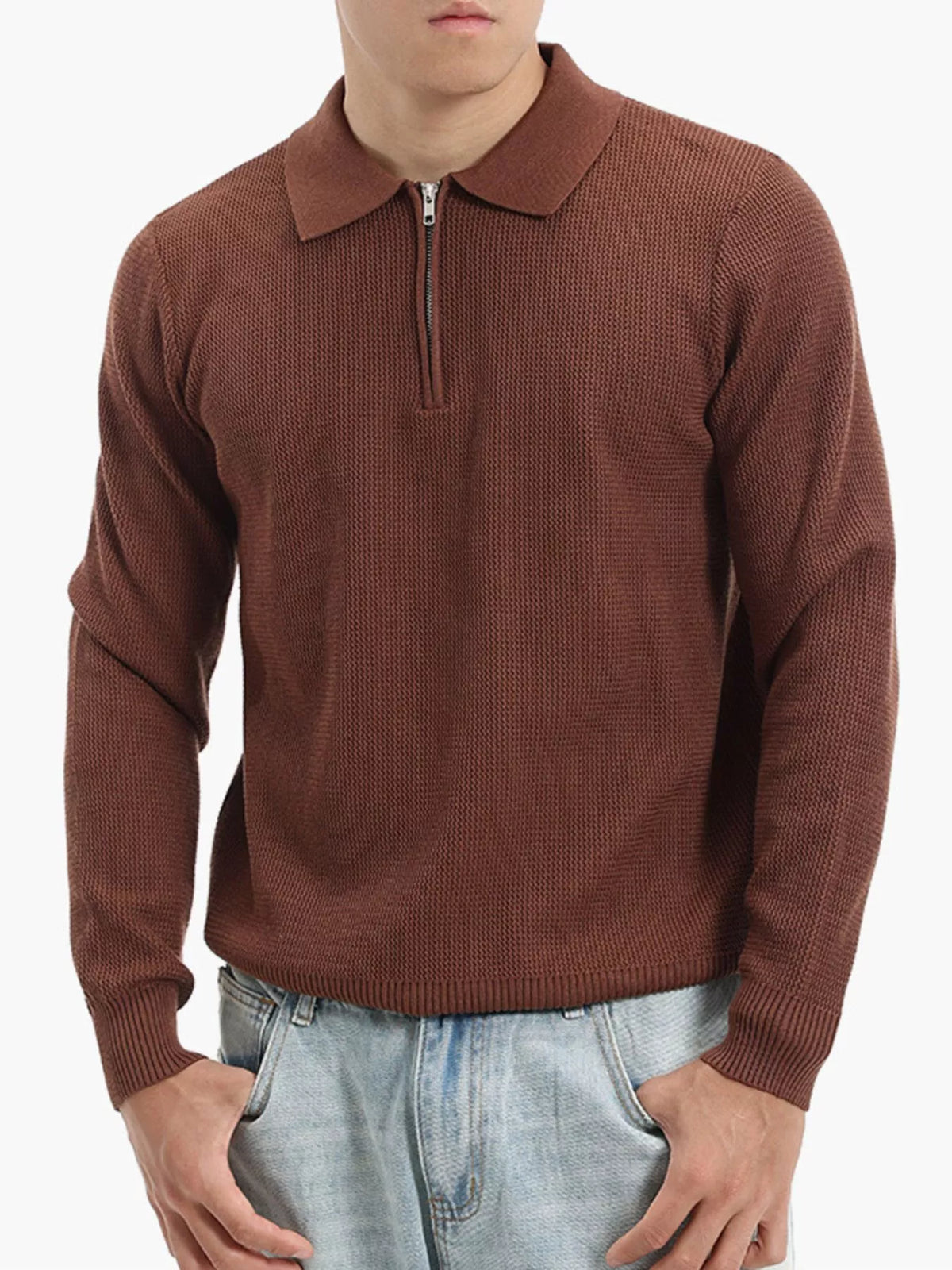 Men's Plus Size Quarter-Zip Textured Knit Top in Brown
