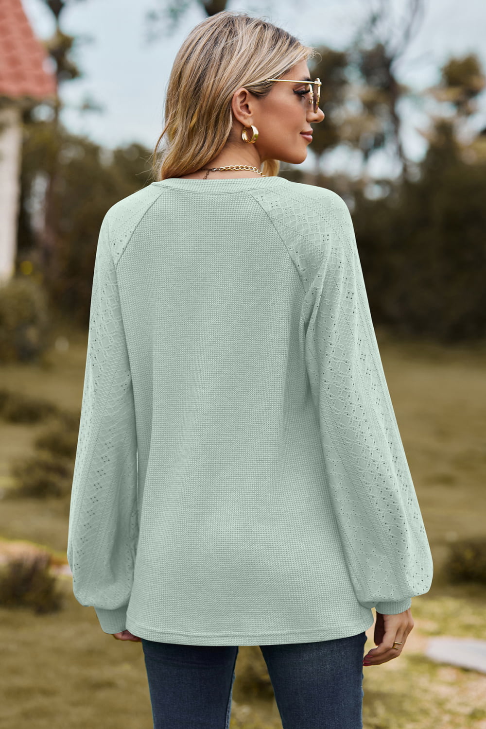 Notched Neck Raglan Sleeve Blouse, view 8