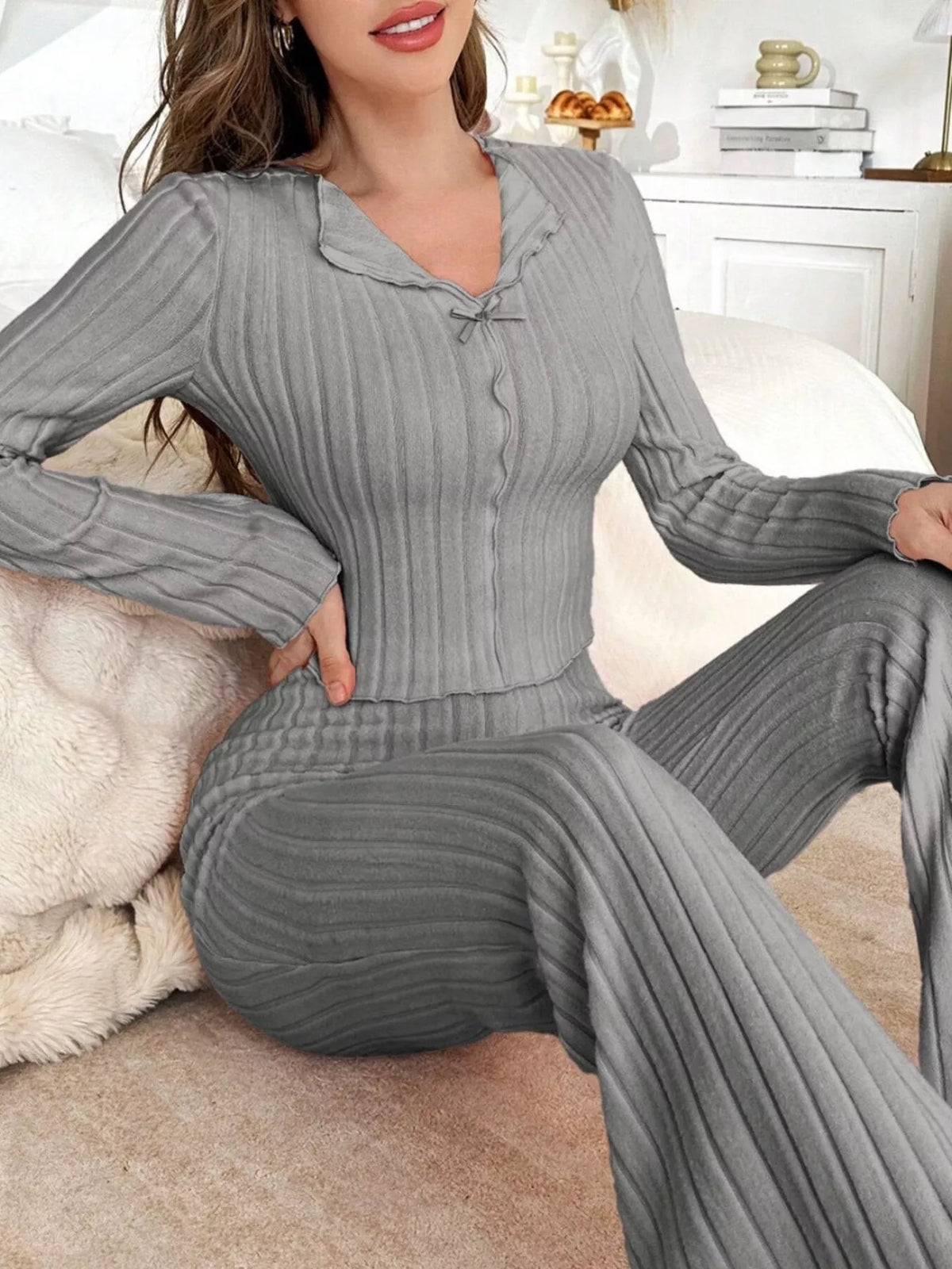 Bow Detail Ribbed Knit Top and Pants Lounge Set - Lilixa.store