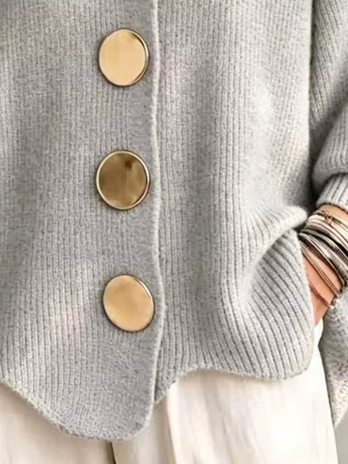 Full Size Gold Buttons Lantern Sleeve Cardigan Plus Size - Lilixa.store