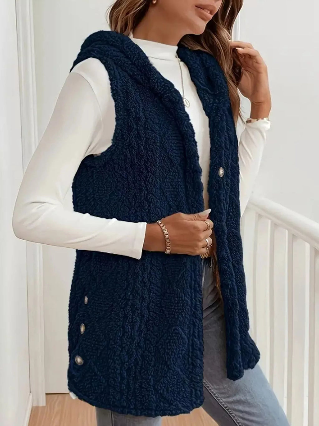 Button Up Plush Hooded Vest Coat - Lilixa.store