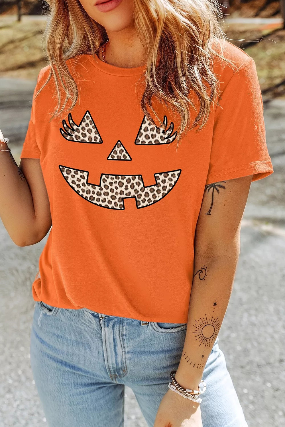 Halloween Pumpkin Face Leopard Graphic T-Shirt