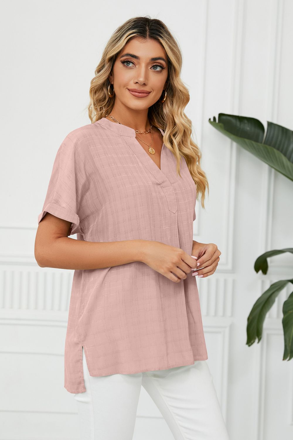Side Slit Notched Neck Cuffed Short Sleeve Blouse - Lilixa.store