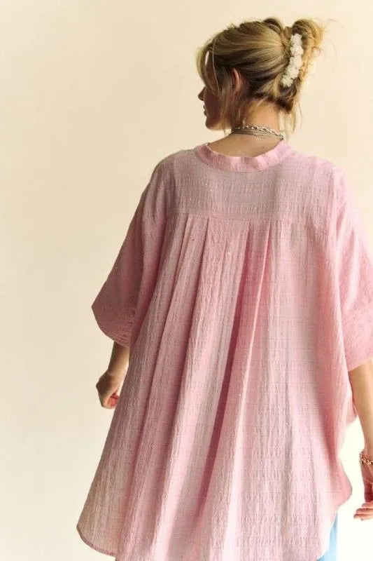 Davi & Dani Rhinestone Pleat Back Short Sleeve Loose Fit Shirt - Lilixa.store