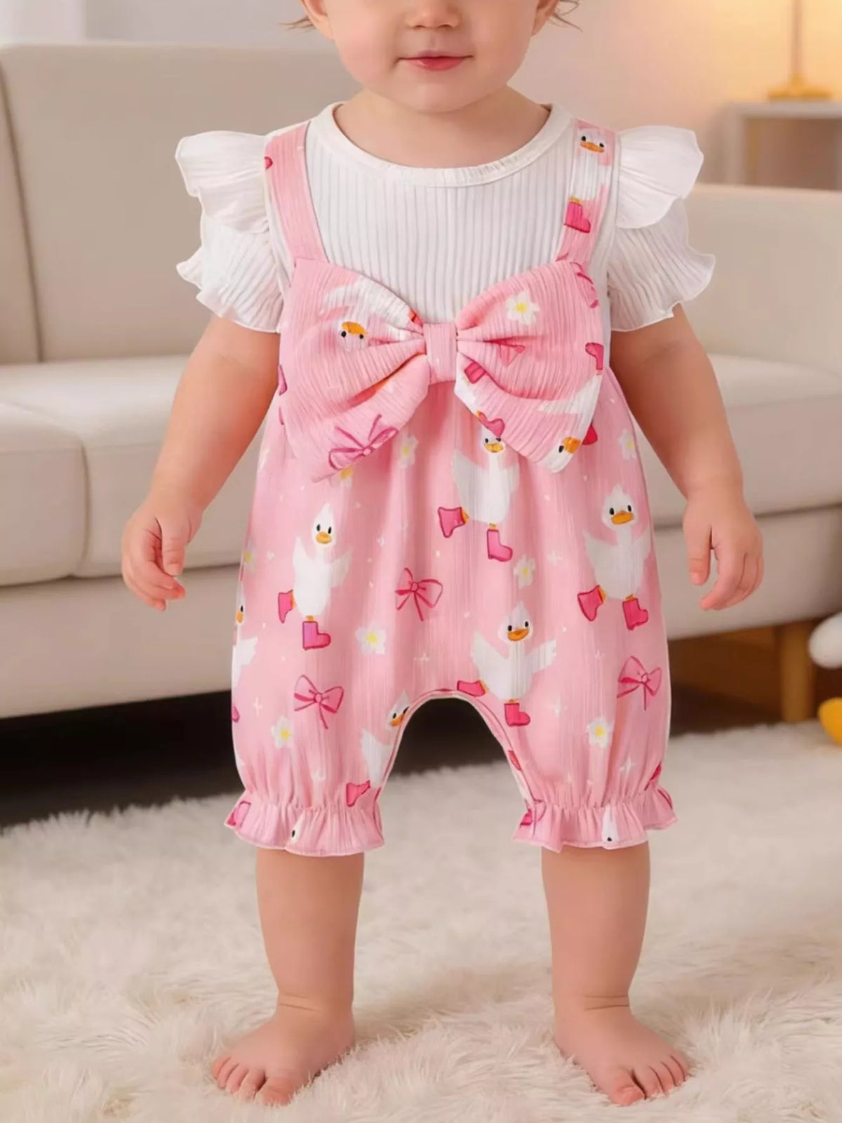 Children's Bow Duck Print Romper with Headband - Lilixa.store