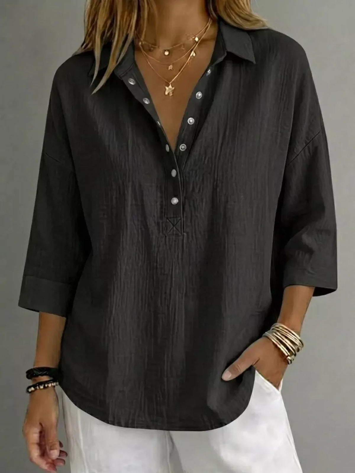 Full Size Snap Down 3/4 Sleeves Blouse Plus Size - Lilixa.store