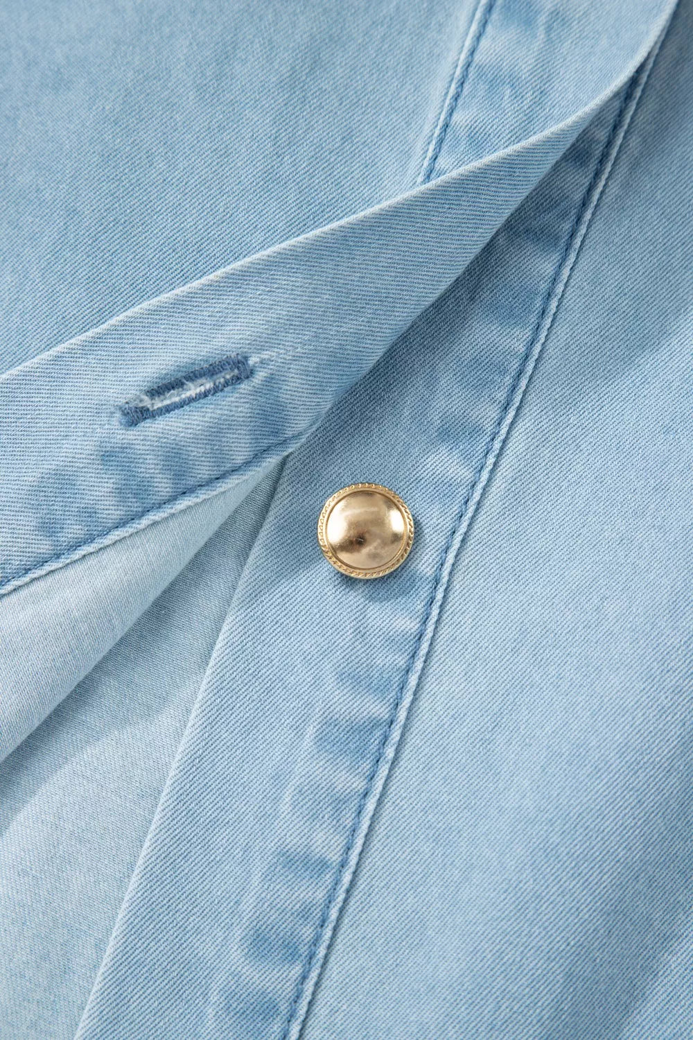 Full Buttons Collared Short Bubble Sleeve Long Denim Dress in Light Blue, view 14