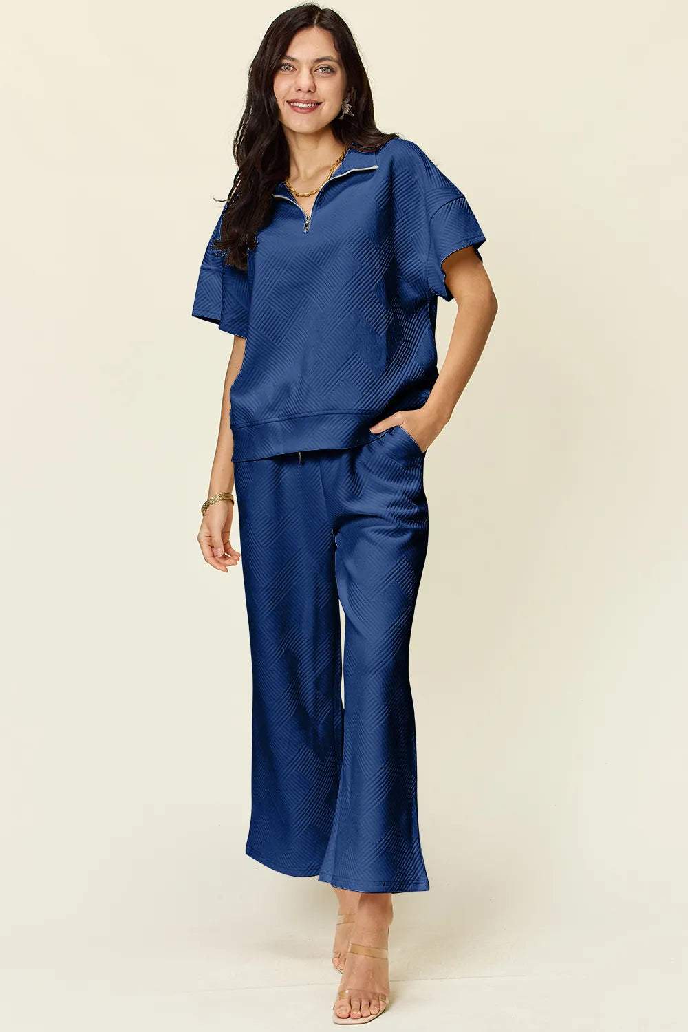 Double Take Full Size Texture Half Zip Short Sleeve Top and Pants Set in Royal Blue