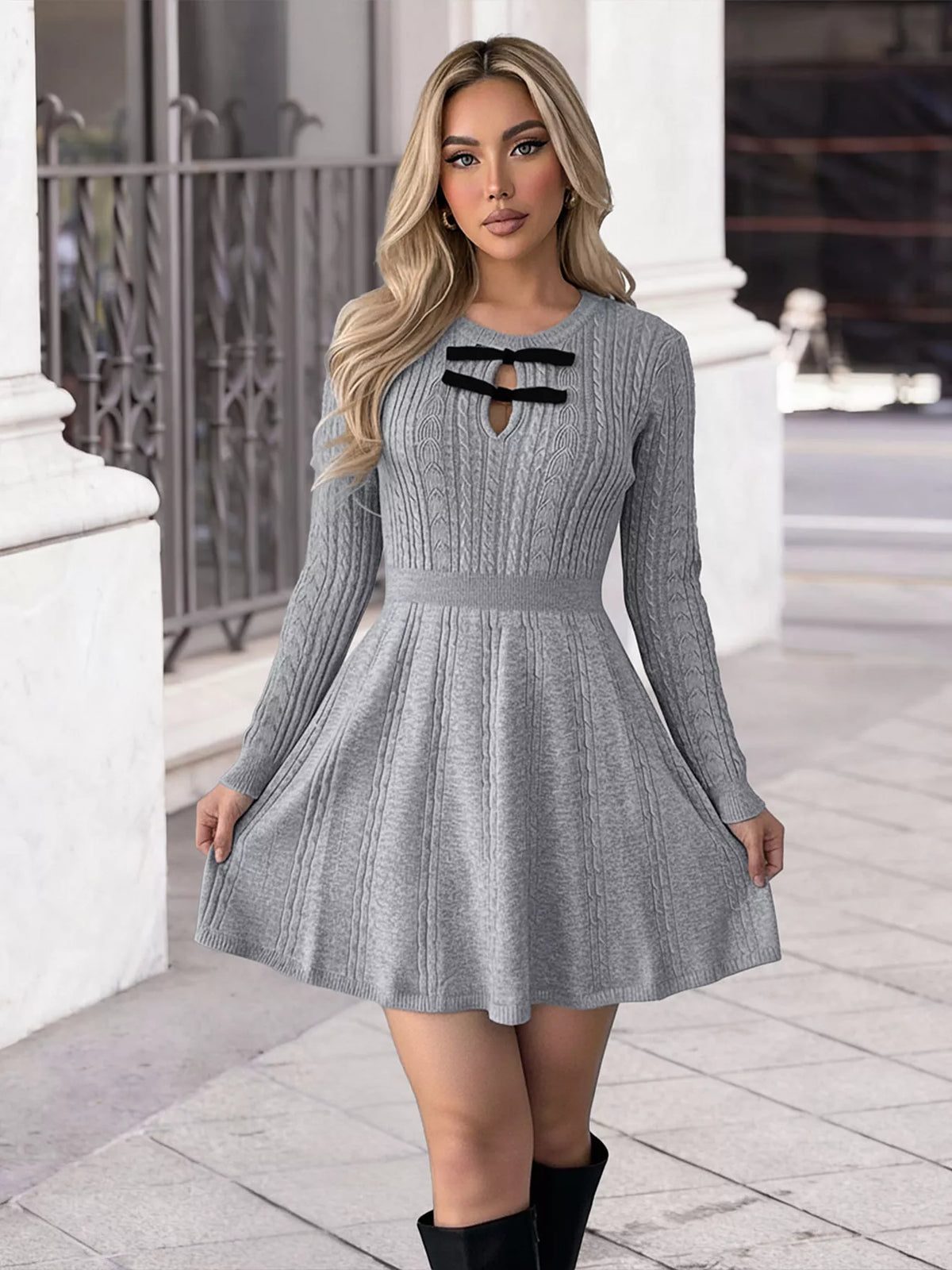 Cable Knit A-Line Sweater Dress in Gray, view 2