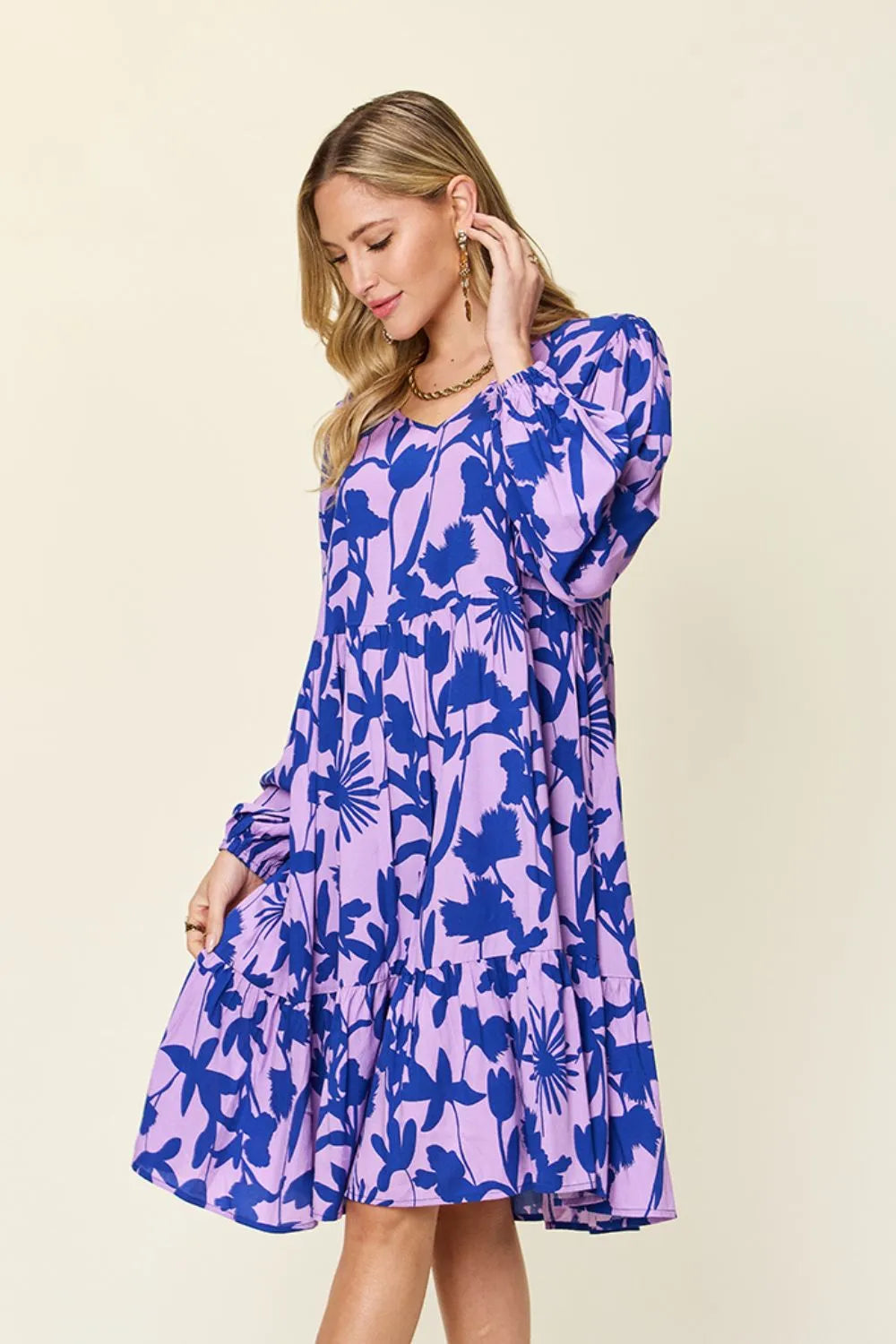 Double Take Full Size Printed Ruffle Hem Dress with Pocket - Lilixa.store