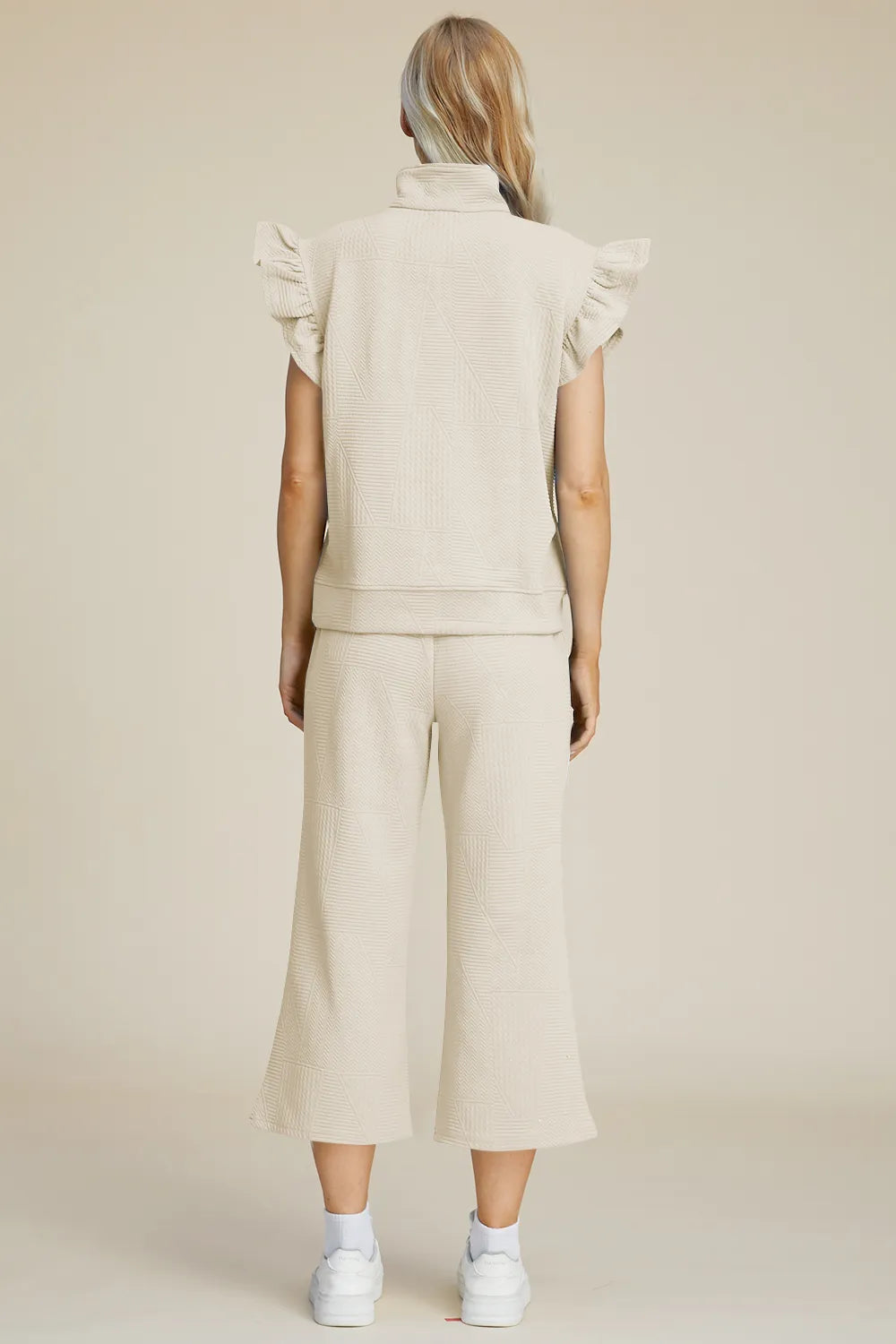 Double Take Full Size Texture Ruffle Short Sleeve Top and Wide Leg Pants Set, view 2