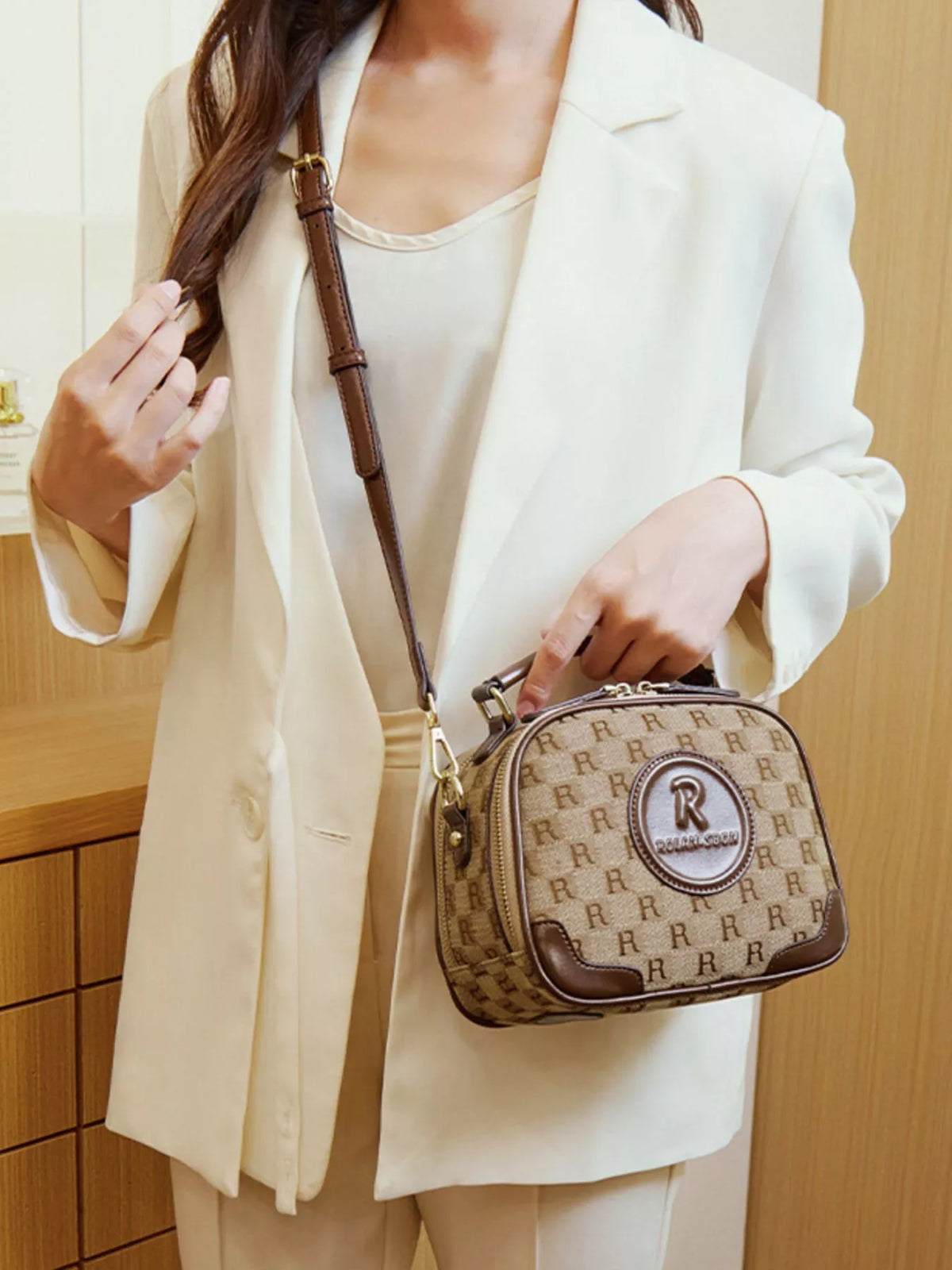 Monogram Pattern Crossbody Handbag with Top Handle in Camel, view 2