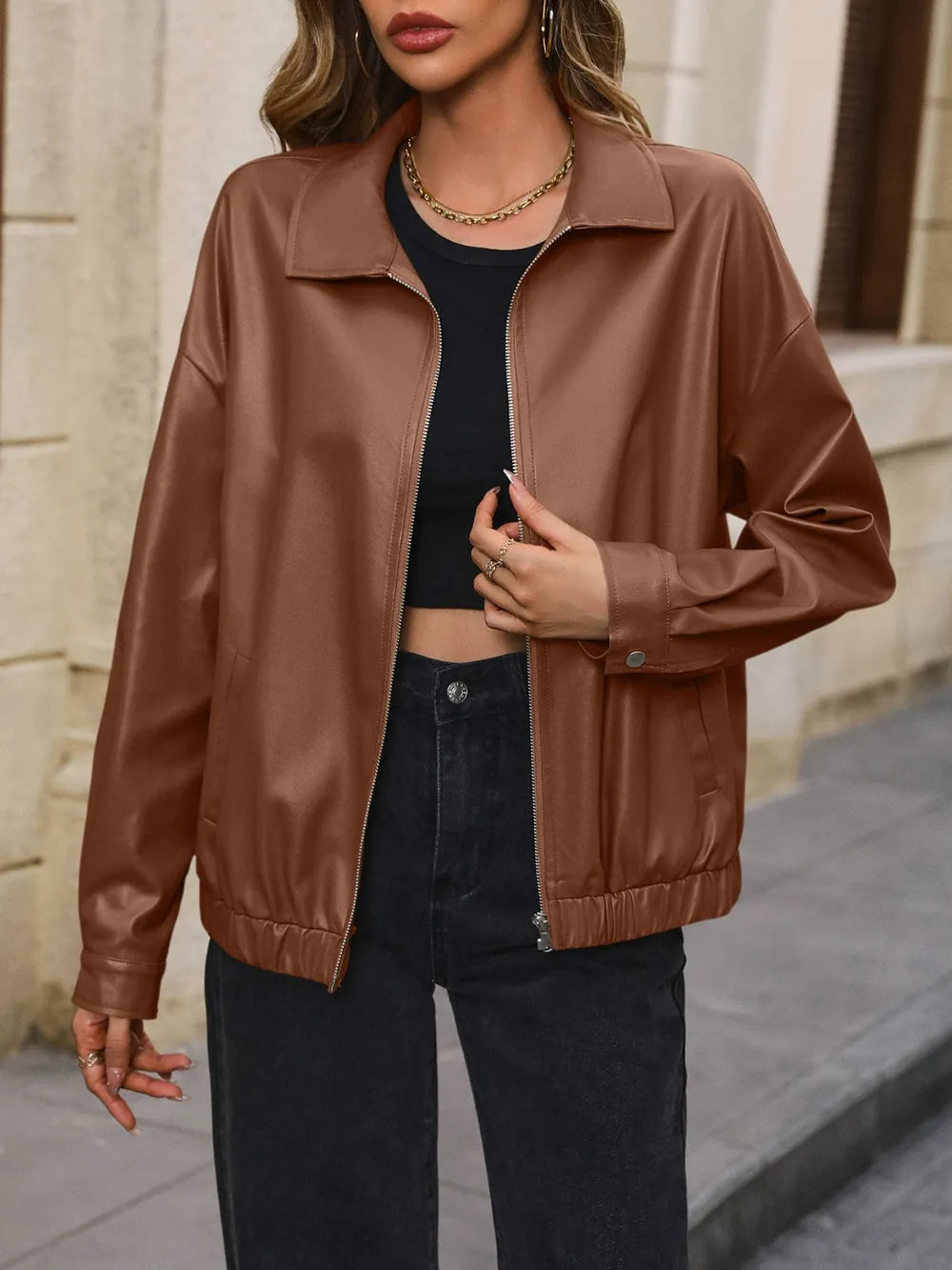 Ivy Lane Pocketed Zip Up Collared Neck Jacket in Brown