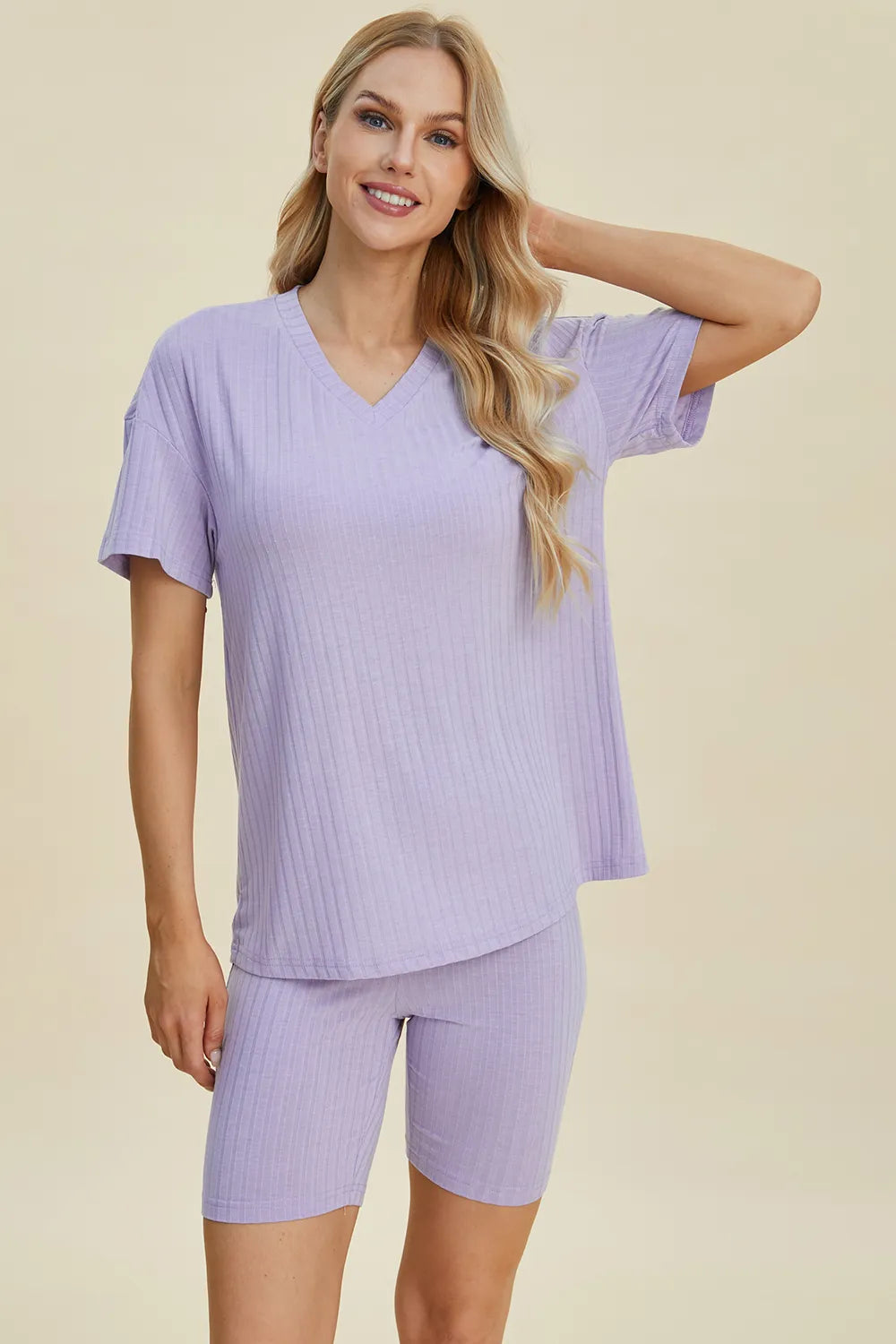 Basic Bae Full Size Ribbed V-Neck Short Sleeve Top and Shorts Set - Lilixa.store