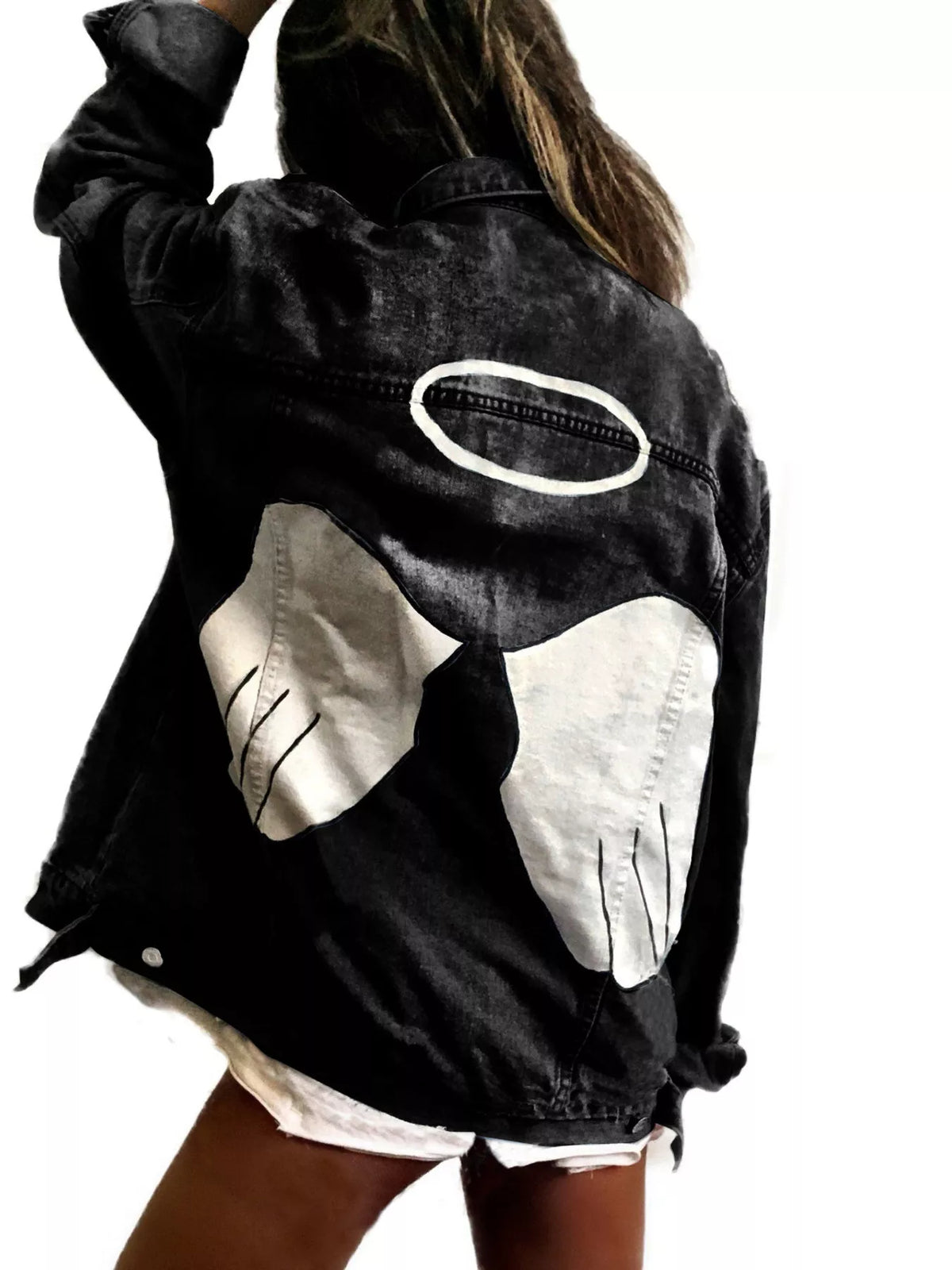 Full Size Angel Wings Graphic Back Denim Jacket Plus Size