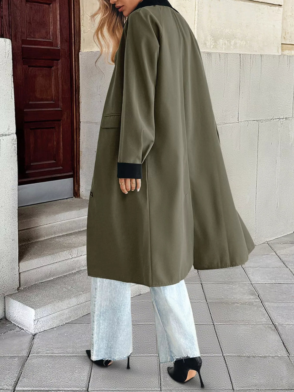 Contrast Collar Button Up Coat in Green, view 6