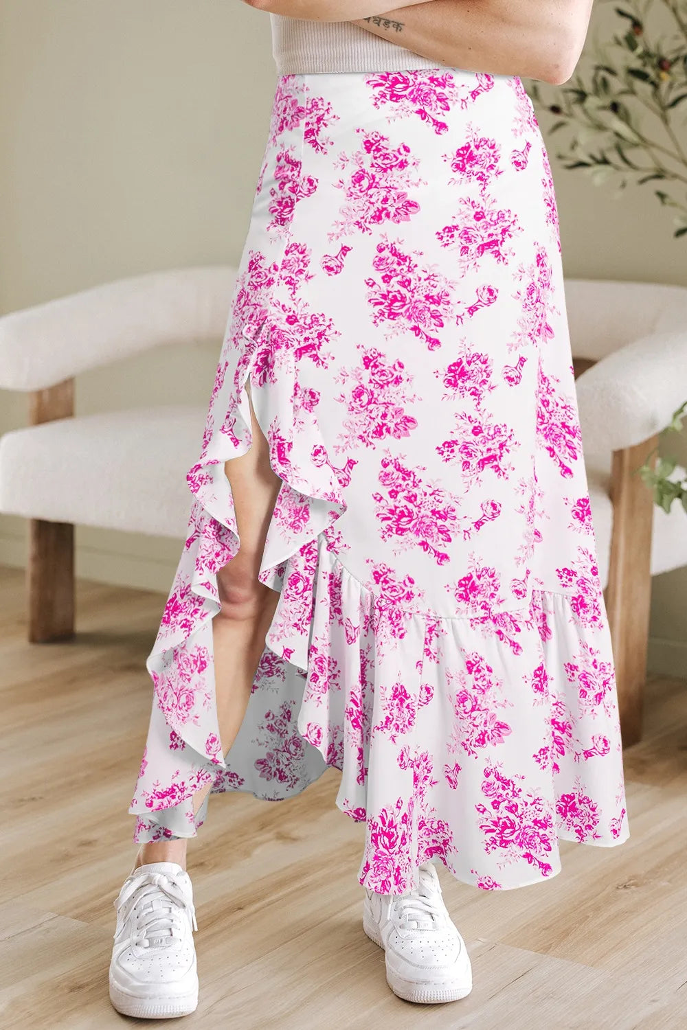 Boho Floral High Waist Ruffle Split Maxi Skirt - Lilixa.store