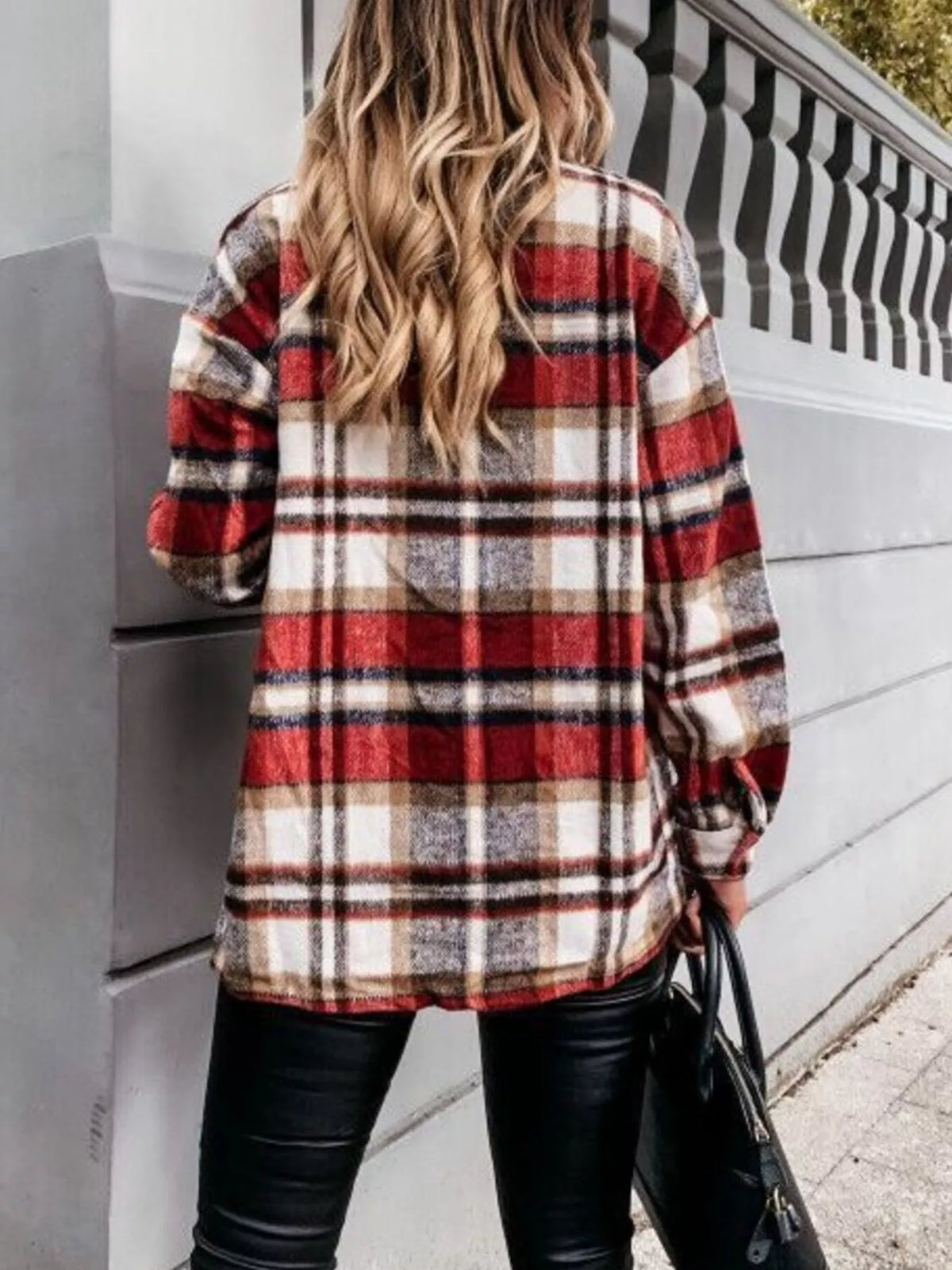 Plaid Button-Down Long Sleeve Shacket, view 4
