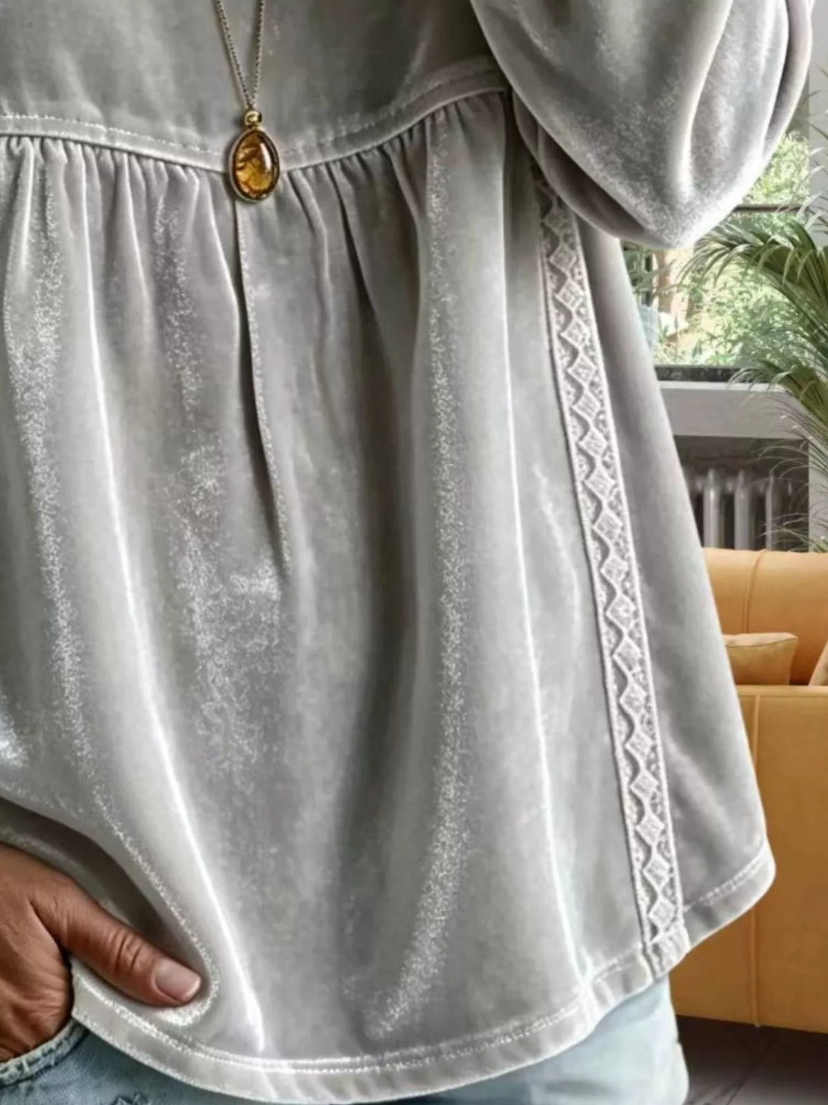Full Size Velvet Lace Detail V-Neck Blouse Plus Size - Lilixa.store