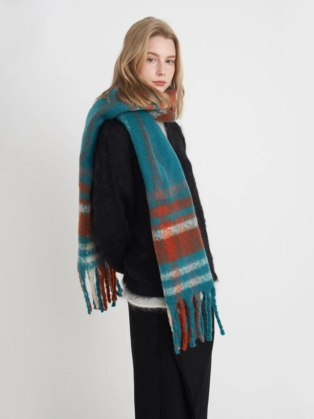 Fringe Plaid Polyester Scarf - Lilixa.store