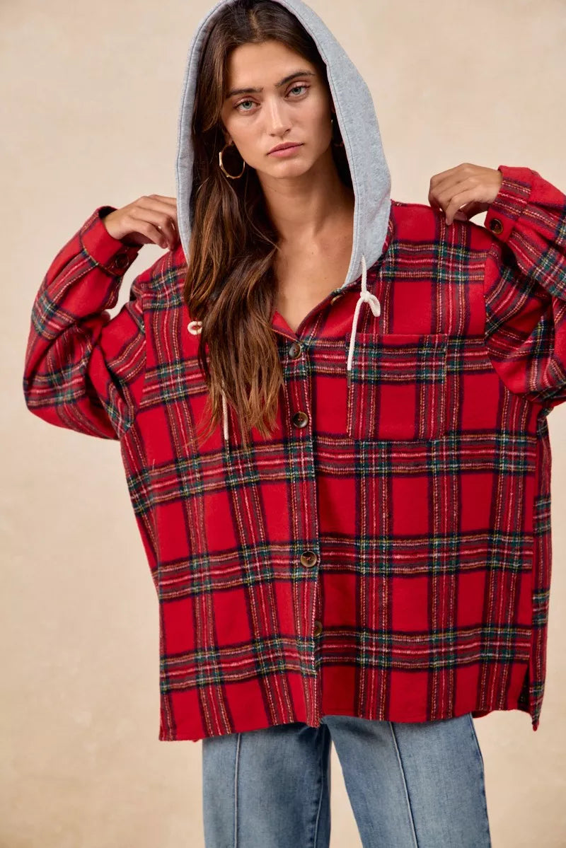 BiBi Brushed Plaid Hooded Jacket in Red Plaid, view 16