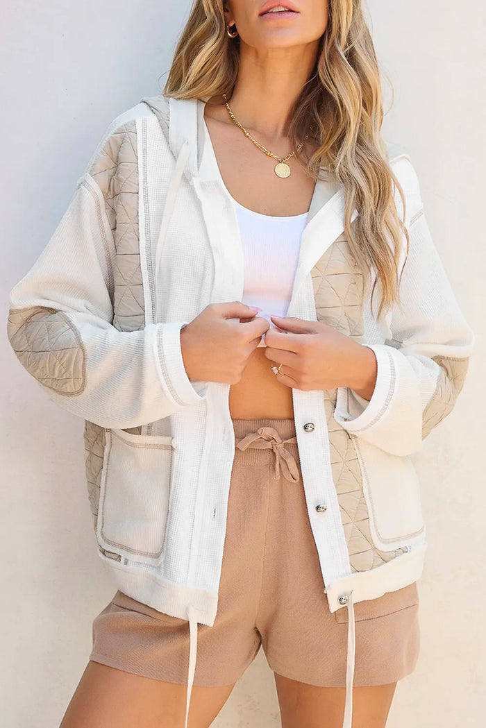 Drawstring Color Block Long Sleeve Jacket in White