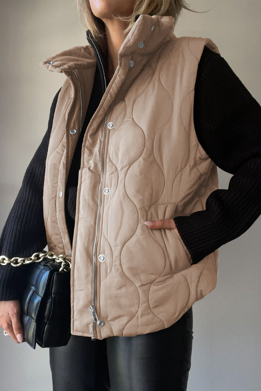 Collared Neck Vest with Pockets in Dust Storm