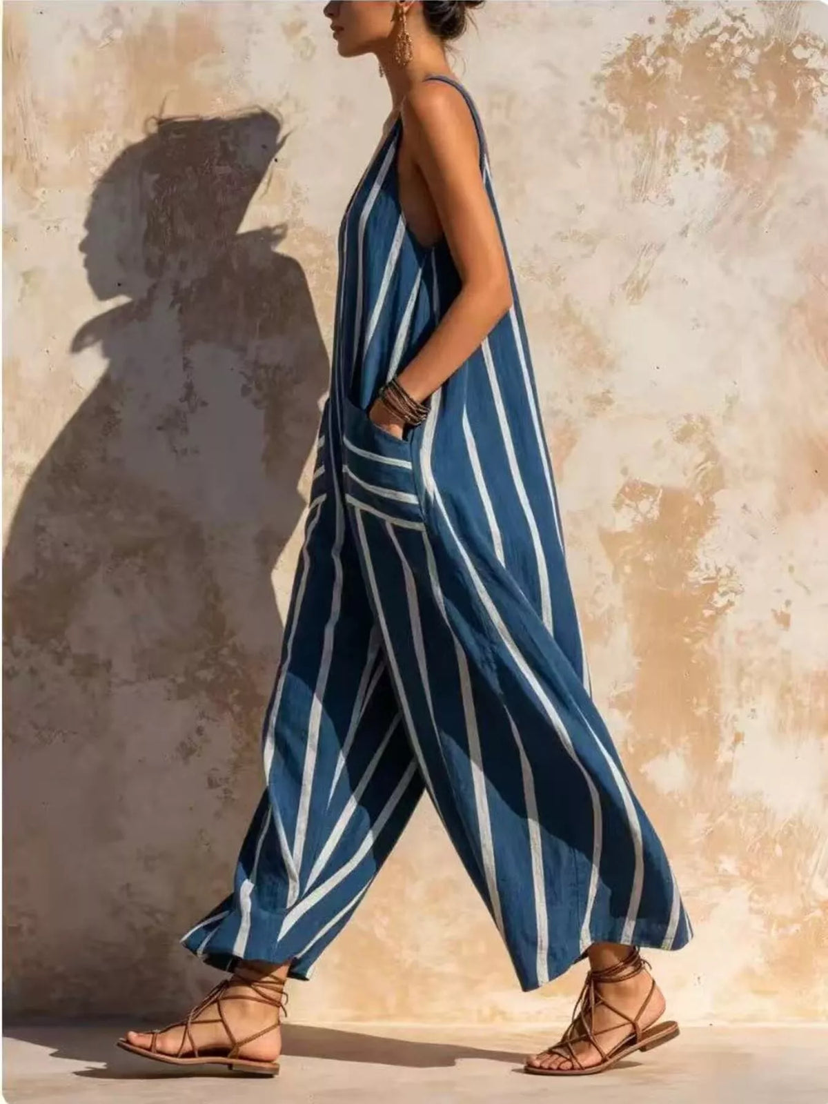 Striped V-Neck Sleeveless Wide-Leg Jumpsuit - Lilixa.store