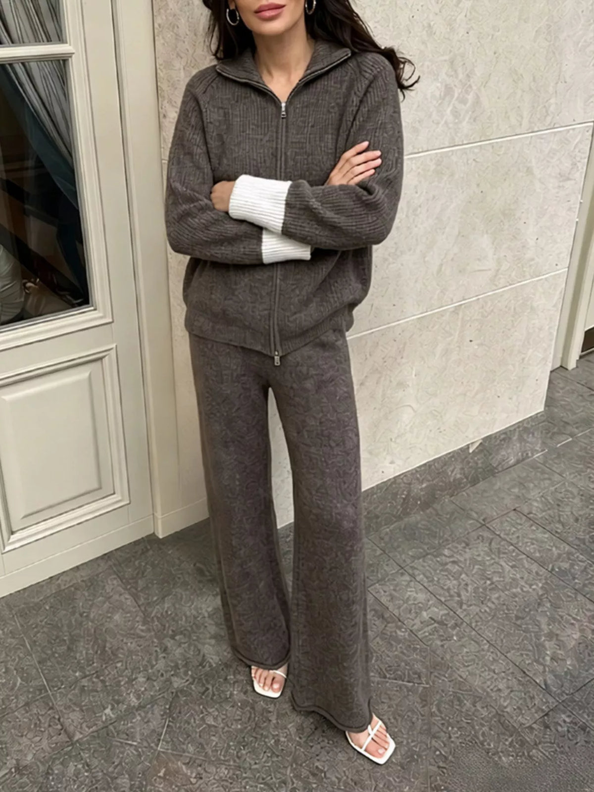 Zip-Up Contrast Cuff Cardigan and Pants Sweater Set, view 18