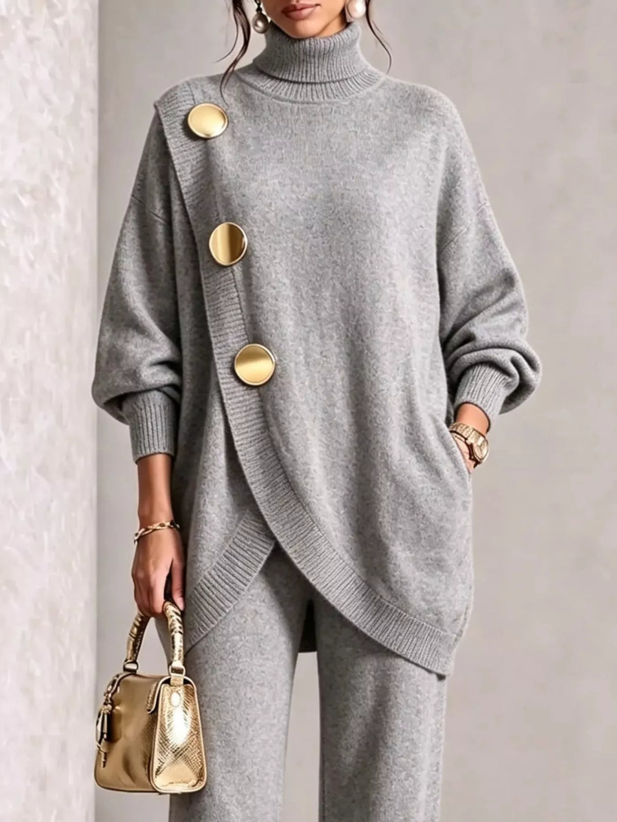 Gold Button Accent Turtleneck Sweater and Pants Set, view 5