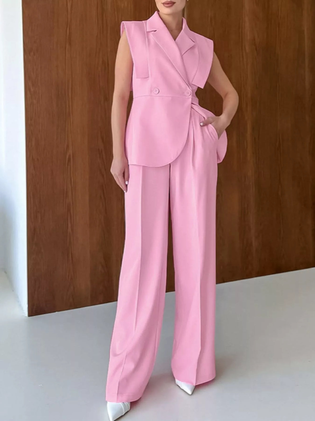 Sleeveless Blazer and Wide-Leg Pants Two-Piece Set in Pink, view 4