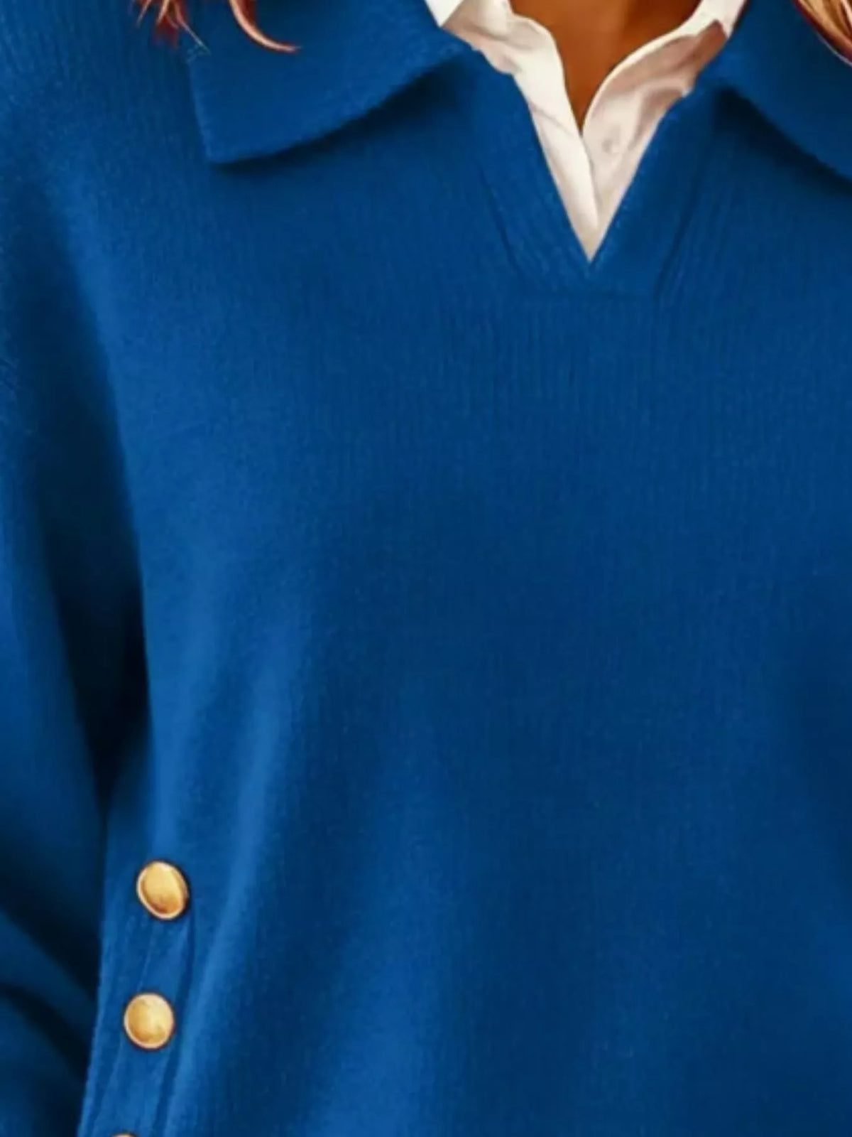 Full Size Decorative Button Dropped Shoulder Sweater Plus Size