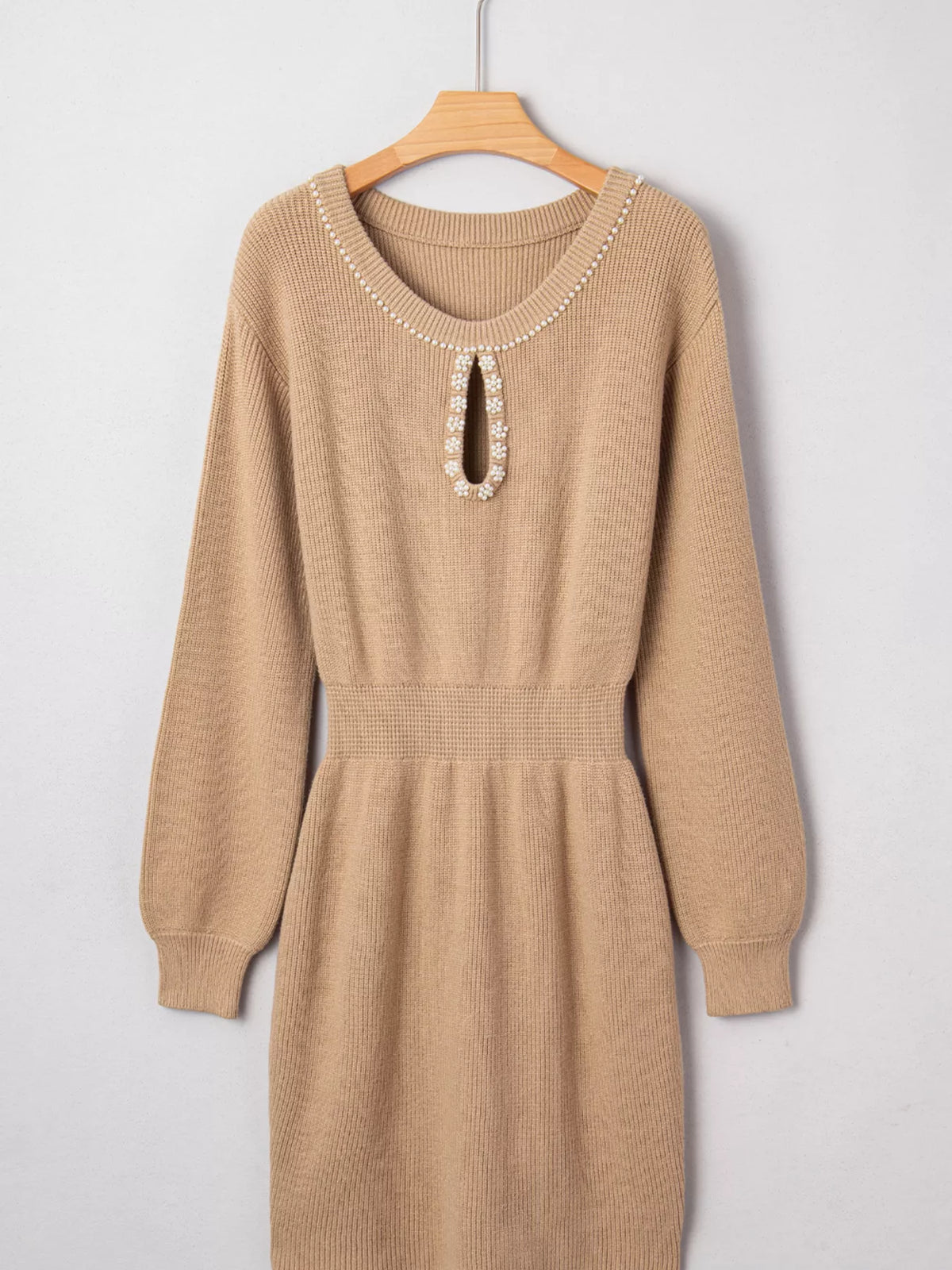 Pearl Embellished Keyhole Ribbed Sweater Dress in Camel, view 7
