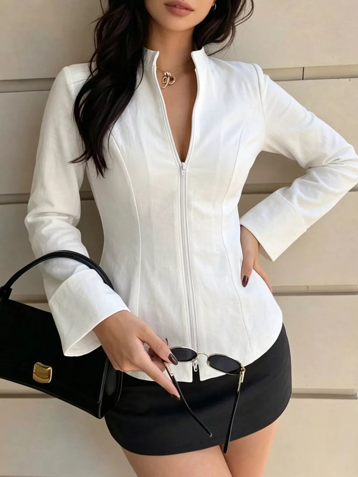 Zip Up Long Sleeve Top in Ivory, view 3