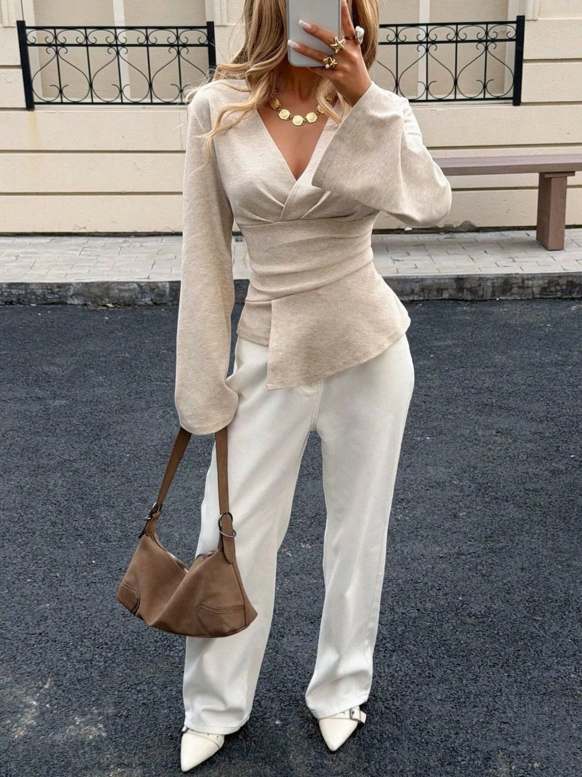 Wrap-Front Long Sleeve T-Shirt