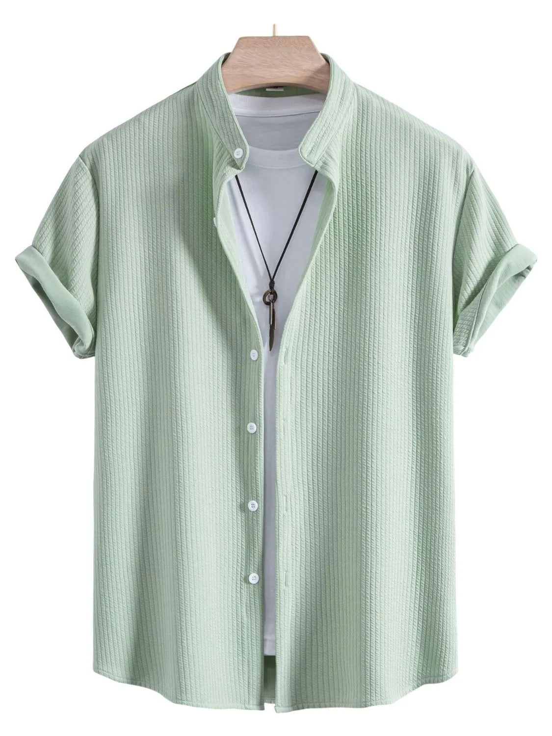 Men's Ribbed Short Sleeve Shirt and Shorts Set in Green, view 3