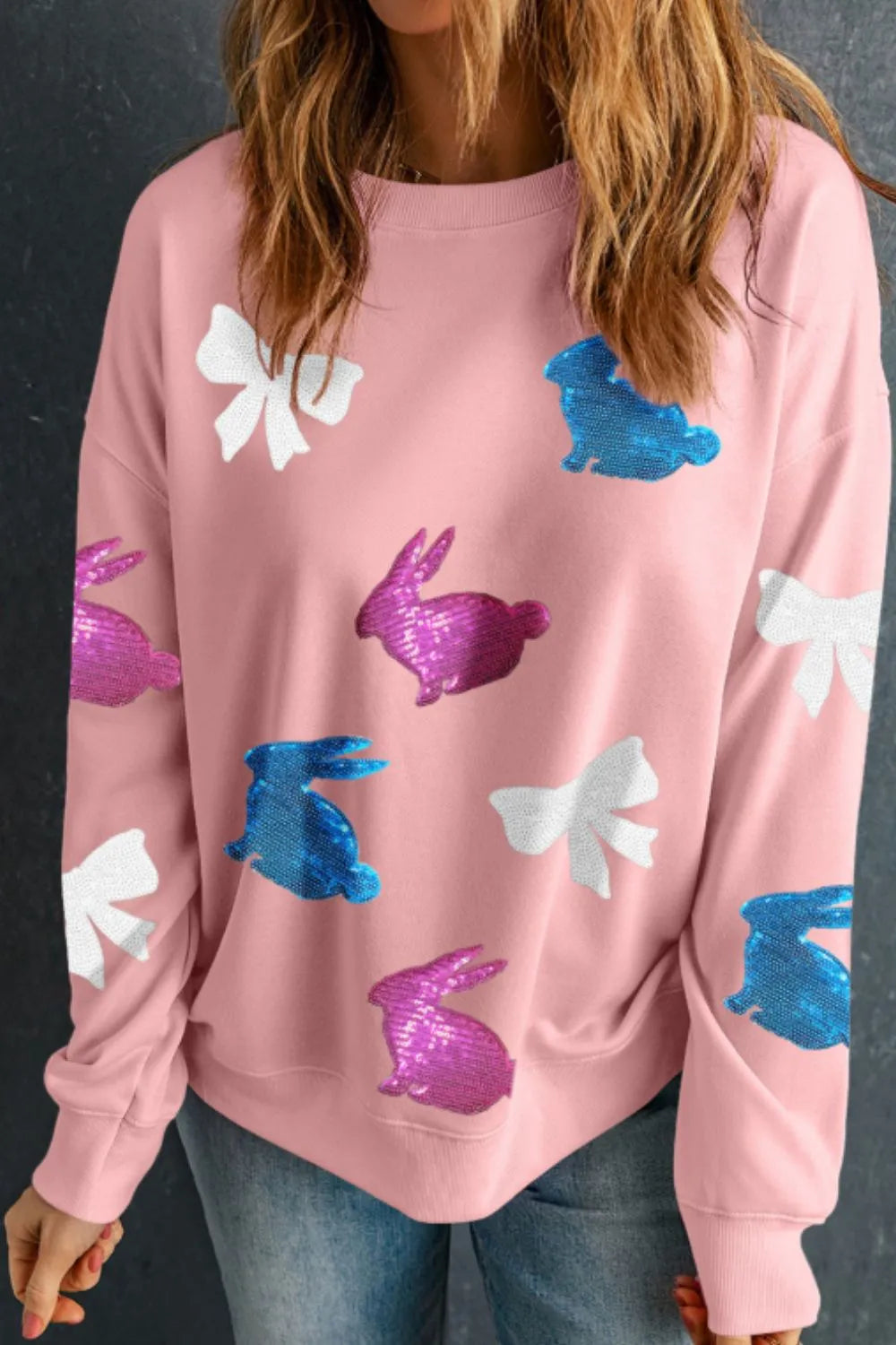Easter Bunny Bow Knot Sequined Sweatshirt - Lilixa.store