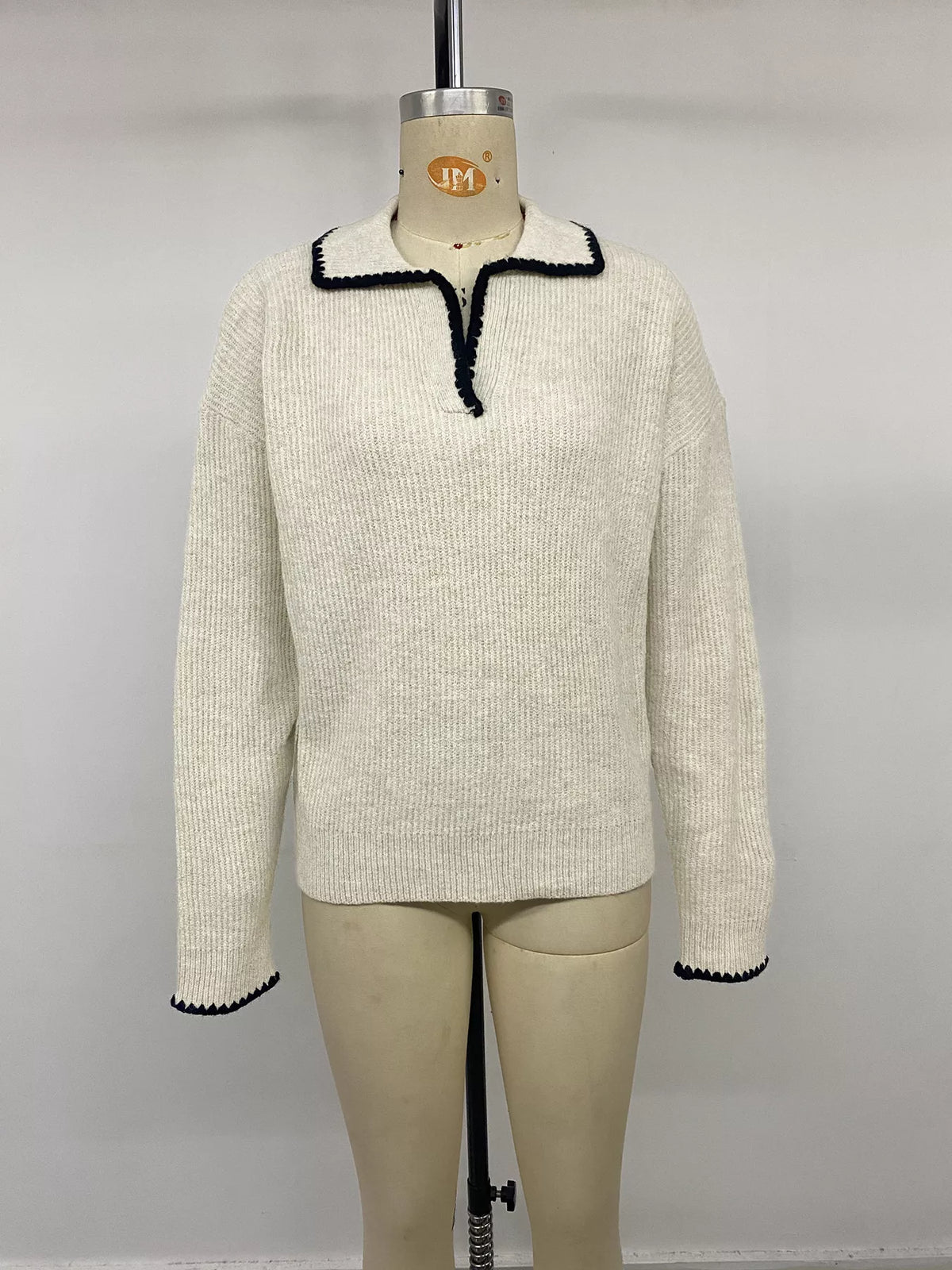 Contrast Trim Dropped Shoulder Sweater in Khaki, view 11
