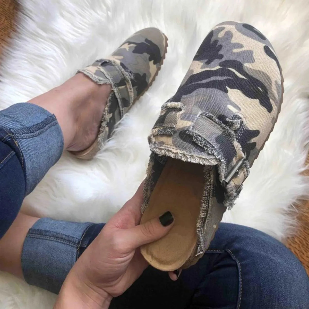 Round Toe Flats Loafers in Green Camouflage