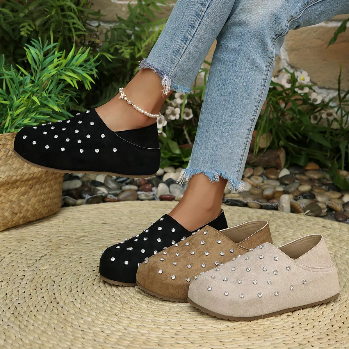 Rhinestone Round Toe Slip-Ons - Lilixa.store