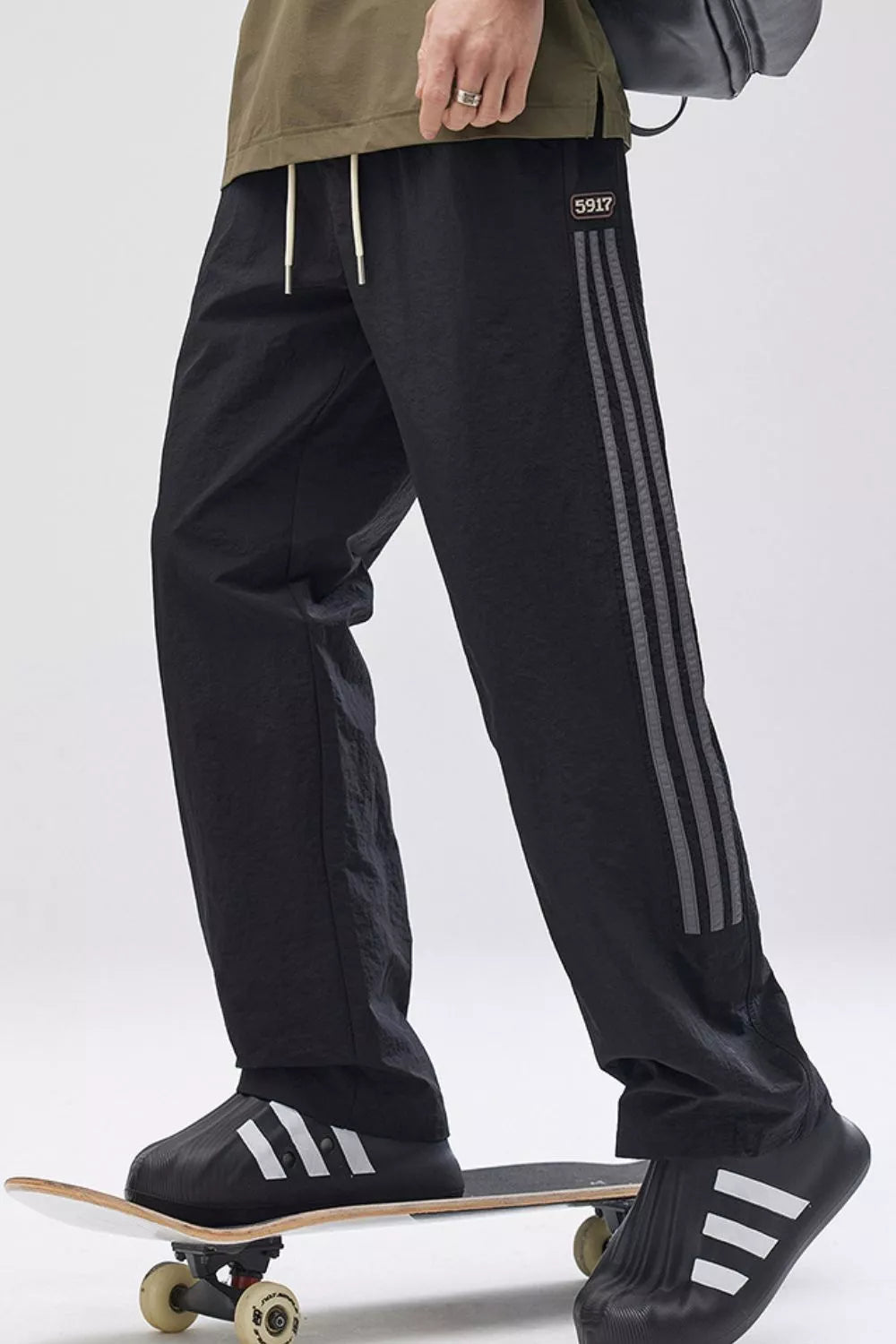 Men's Full Size Striped Casual Wide Leg Pants Plus Size in Black