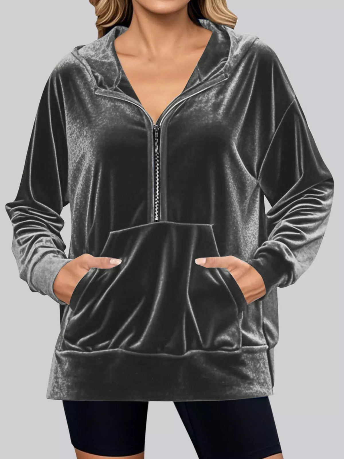 Full Size Velvet Half Zip Hoodie with Kangaroo Pocket Plus Size - Lilixa.store
