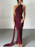 Backless One-Shoulder Ruched Bodycon Maxi Dress - Lilixa.store