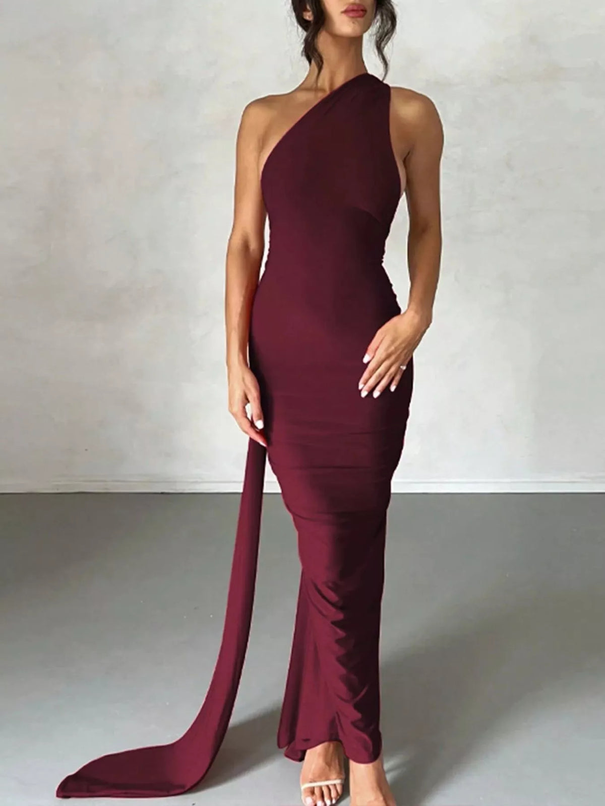 Backless One-Shoulder Ruched Bodycon Maxi Dress - Lilixa.store