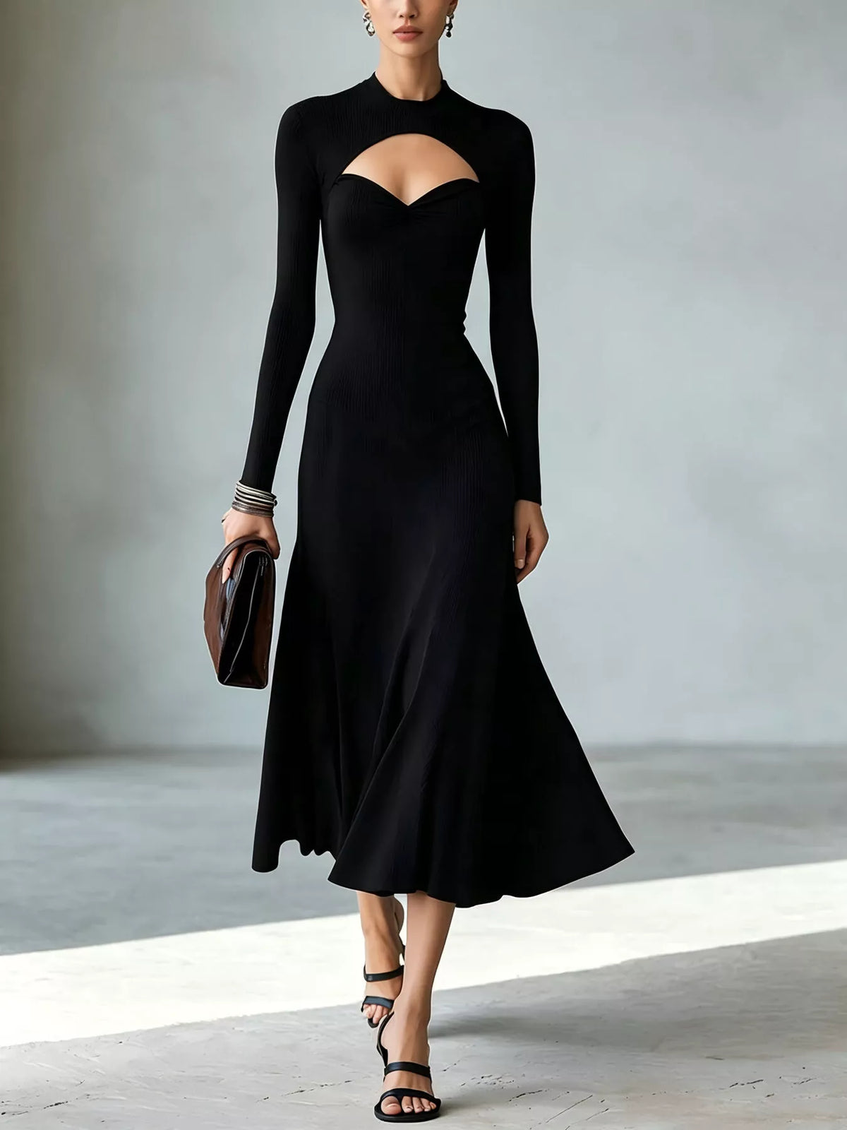 Full Size Mock Neck Cut-Out Long Sleeve Midi Dress Plus Size - Lilixa.store
