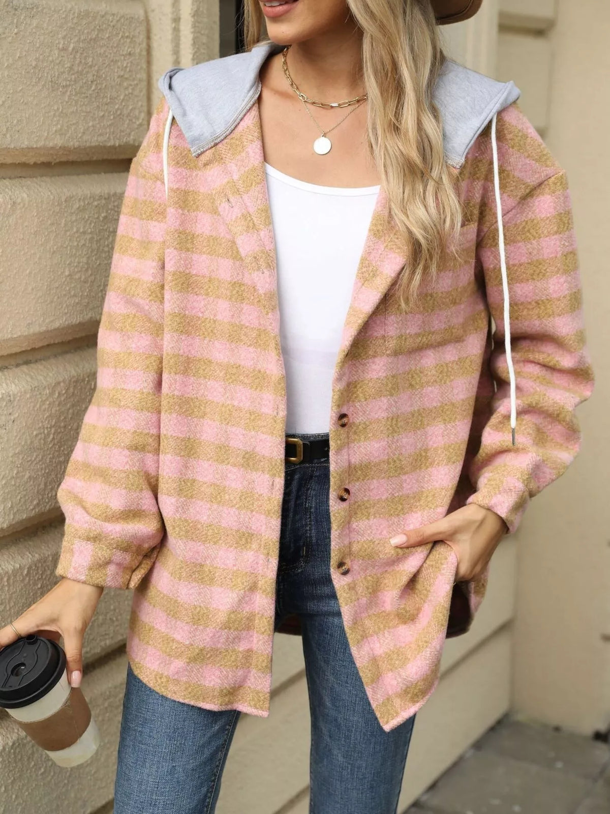Plaid Button Up Long Sleeve Drawstring Hooded Jacket, view 16