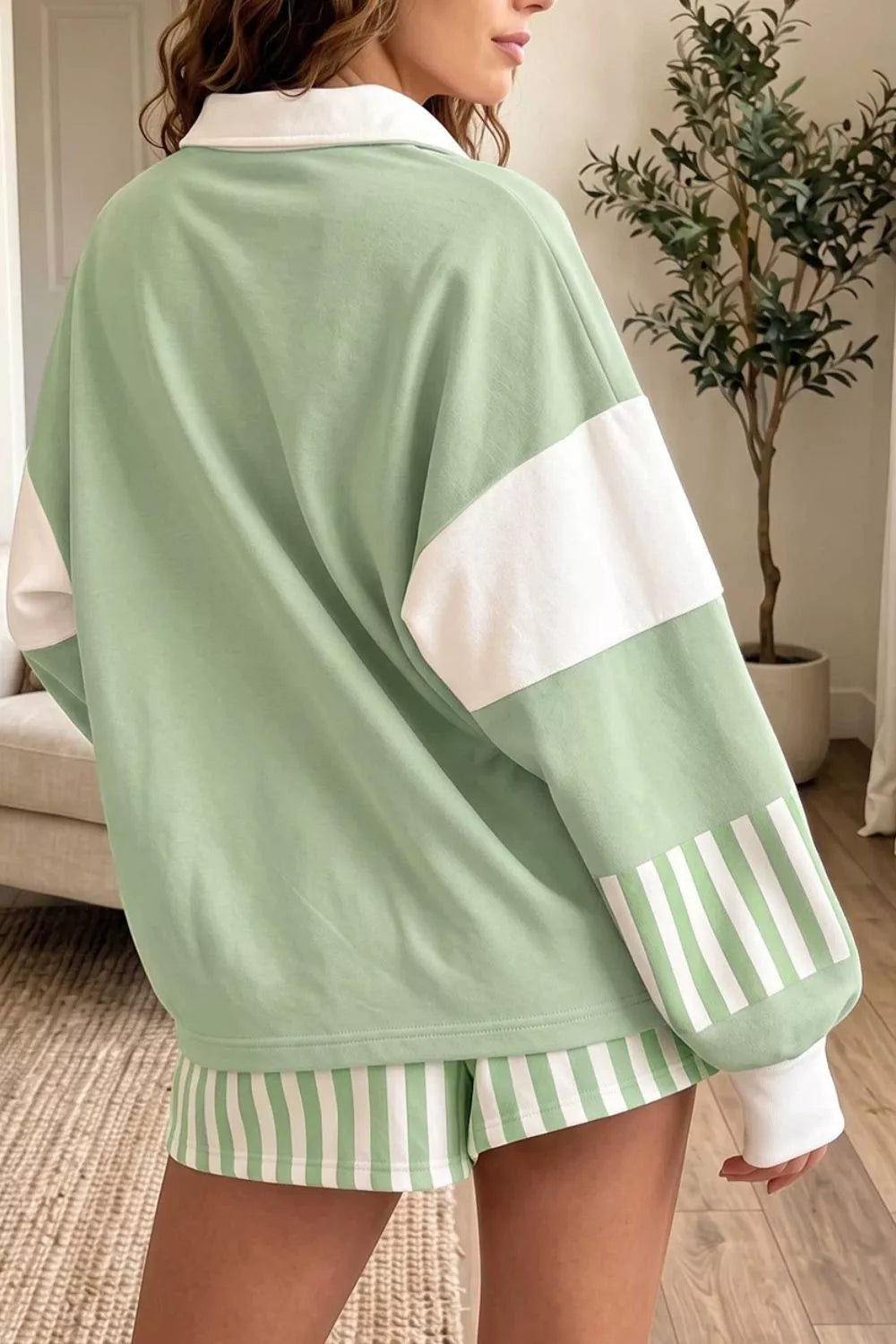 Striped Color Block Pullover Top Drawstring Shorts Set - Lilixa.store